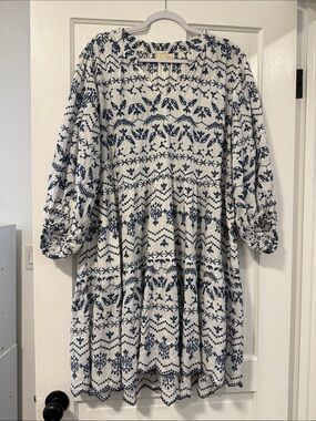 Rubyyaya Embroidered Boho Dress White Blue 2XL